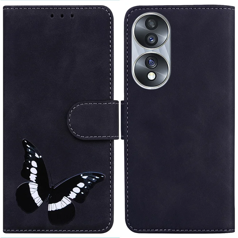 For Honor 70 5G Funda de cartera de piel sintética con patrón de mariposa, interior de TPU y soporte - Negro