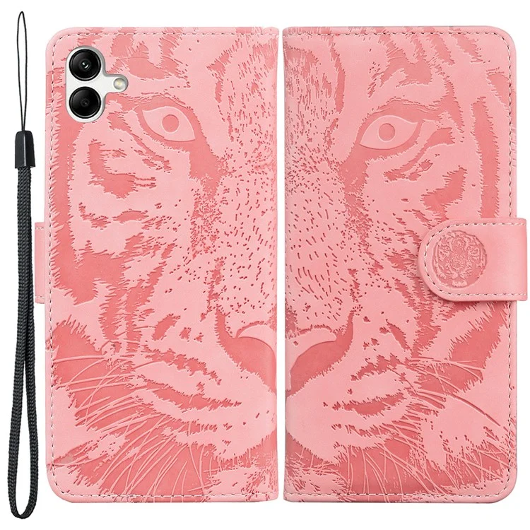 Per Samsung Galaxy F04 4G / M04 4G / A04e 4G Stand Wallet Phone Cover Tiger Pattern Imprinted Leather Case - Pink