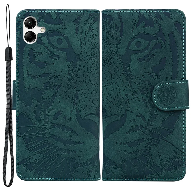 For Samsung Galaxy F04 4G / M04 4G / A04e 4G Stand Wallet Phone Cover Tiger Pattern Imprinted Leather Case - Green