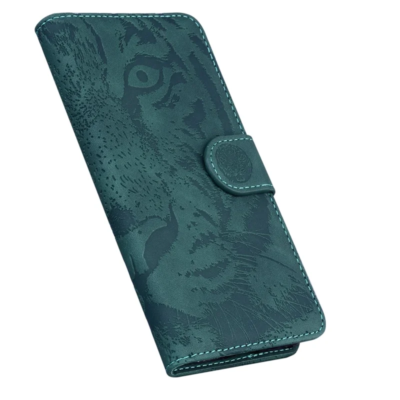 For Samsung Galaxy F04 4G / M04 4G / A04e 4G Stand Wallet Phone Cover Tiger Pattern Imprinted Leather Case - Green