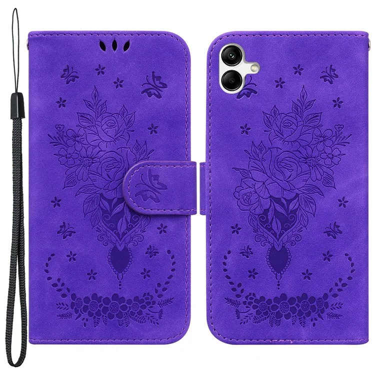 For Samsung Galaxy A04e 4G / F04 4G / M04 4G Phone Leather Case Imprinted Rose Butterfly Wallet Stand Cover with Strap - Purple
