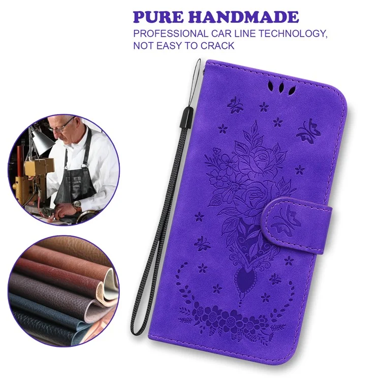 For Samsung Galaxy A04e 4G / F04 4G / M04 4G Phone Leather Case Imprinted Rose Butterfly Wallet Stand Cover with Strap - Purple