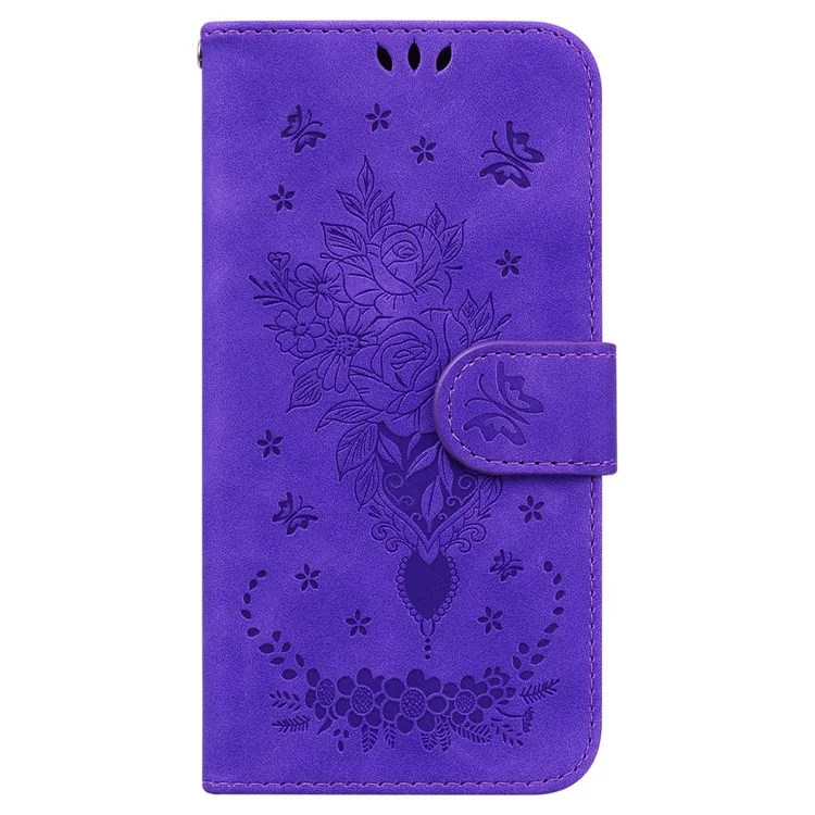 For Samsung Galaxy A04e 4G / F04 4G / M04 4G Phone Leather Case Imprinted Rose Butterfly Wallet Stand Cover with Strap - Purple