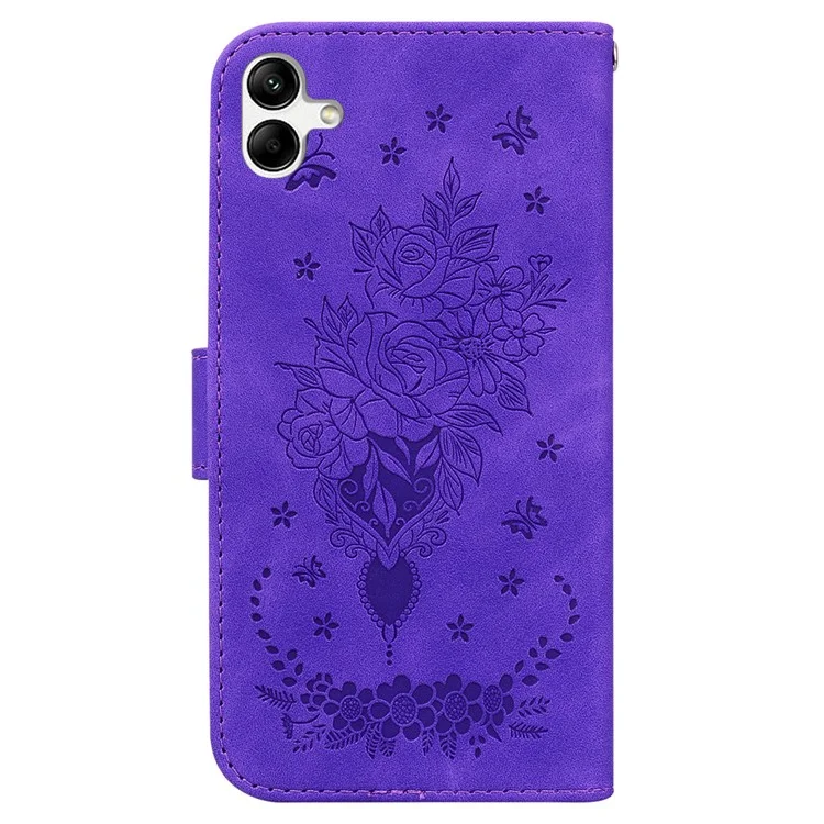 For Samsung Galaxy A04e 4G / F04 4G / M04 4G Phone Leather Case Imprinted Rose Butterfly Wallet Stand Cover with Strap - Purple