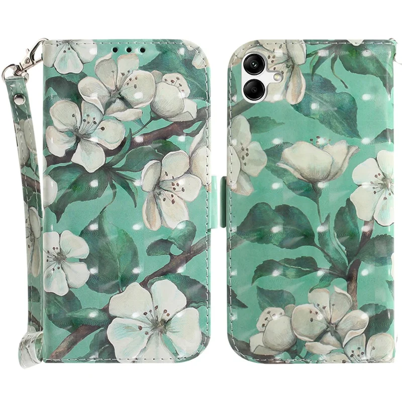 Para o Samsung Galaxy A04e 4G / F04 4G / M04 4G Capa de Couro PU Anti-Arranhões Carteira Capa de Telefone com Alça - Flores em Aquarela