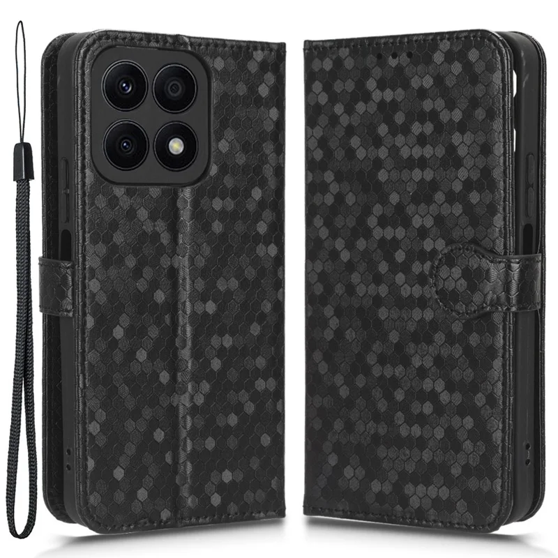 For Honor X8a 4G PU Leather Cover Stand Dot Pattern Imprinted Wallet Phone Case - Black