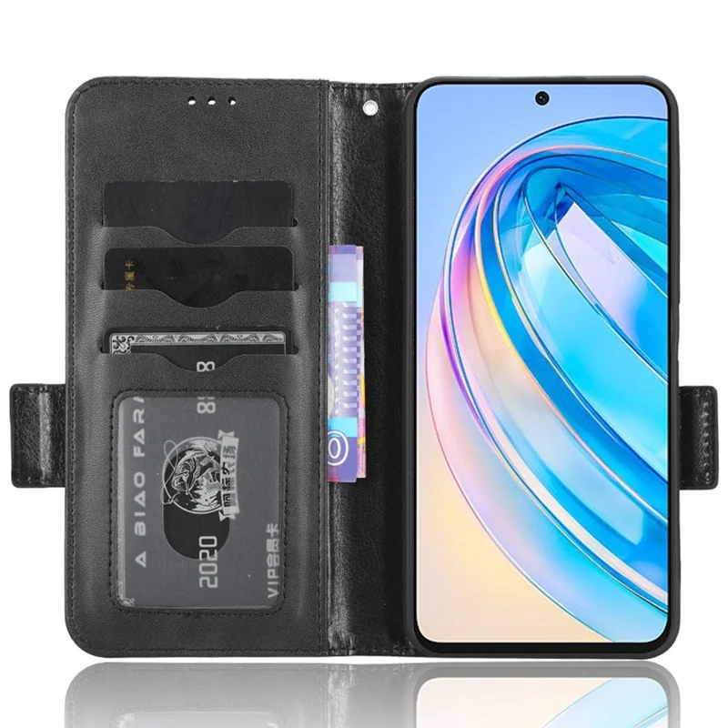 For Honor X8a 4G Phone Case PU Leather Wallet Stand Imprinted Triangle Pattern Phone Cover - Black