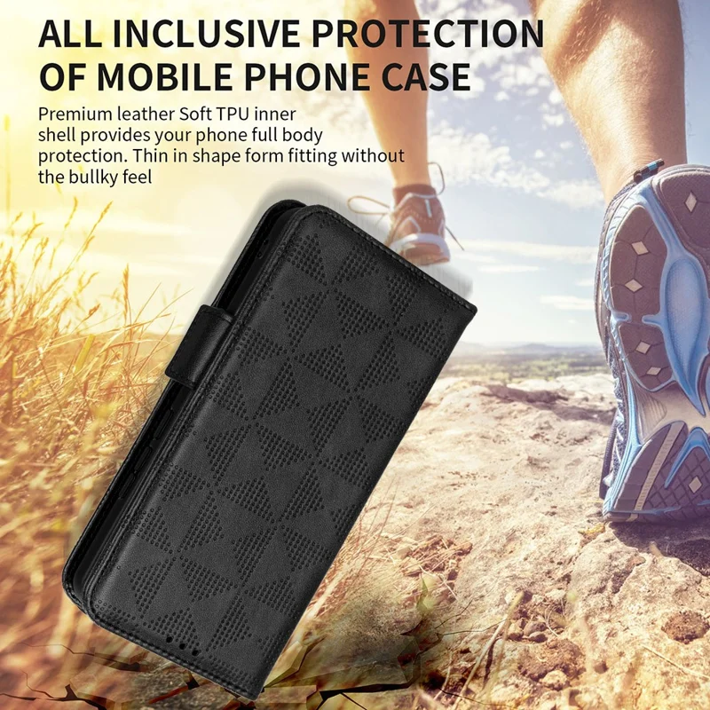 For Honor X8a 4G Phone Case PU Leather Wallet Stand Imprinted Triangle Pattern Phone Cover - Black