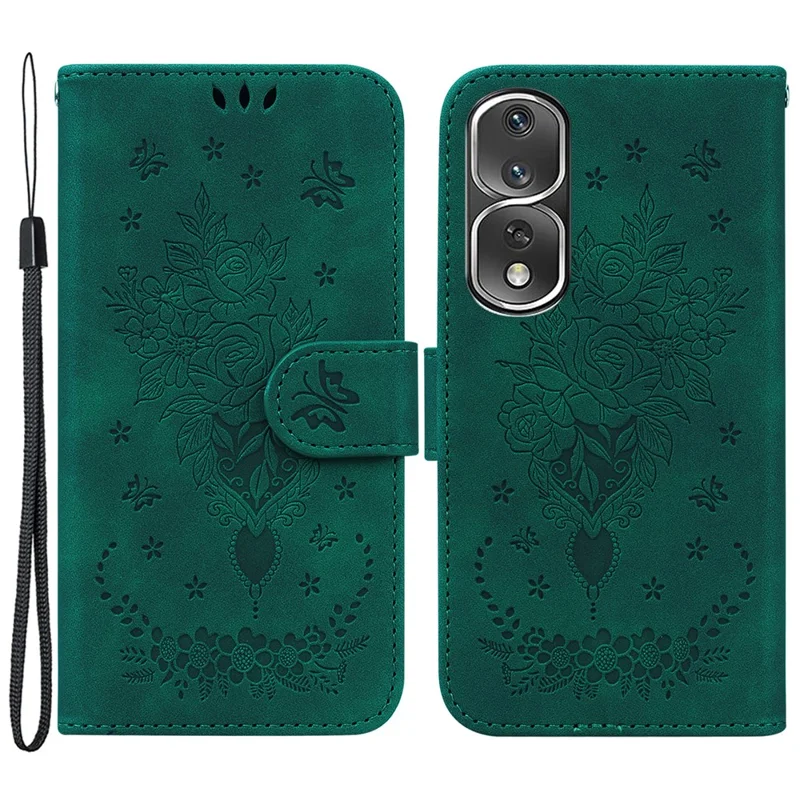 Protective Phone Case For Honor 80 Pro 5G , PU Leather Rose Butterfly Imprinted Stand Wallet Cover - Green