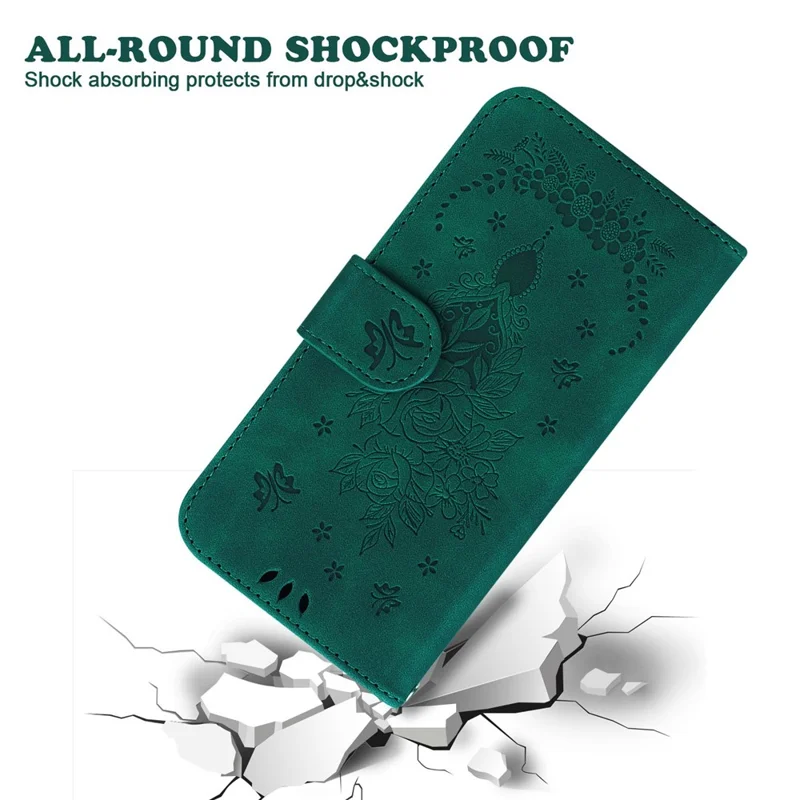 Protective Phone Case For Honor 80 Pro 5G , PU Leather Rose Butterfly Imprinted Stand Wallet Cover - Green