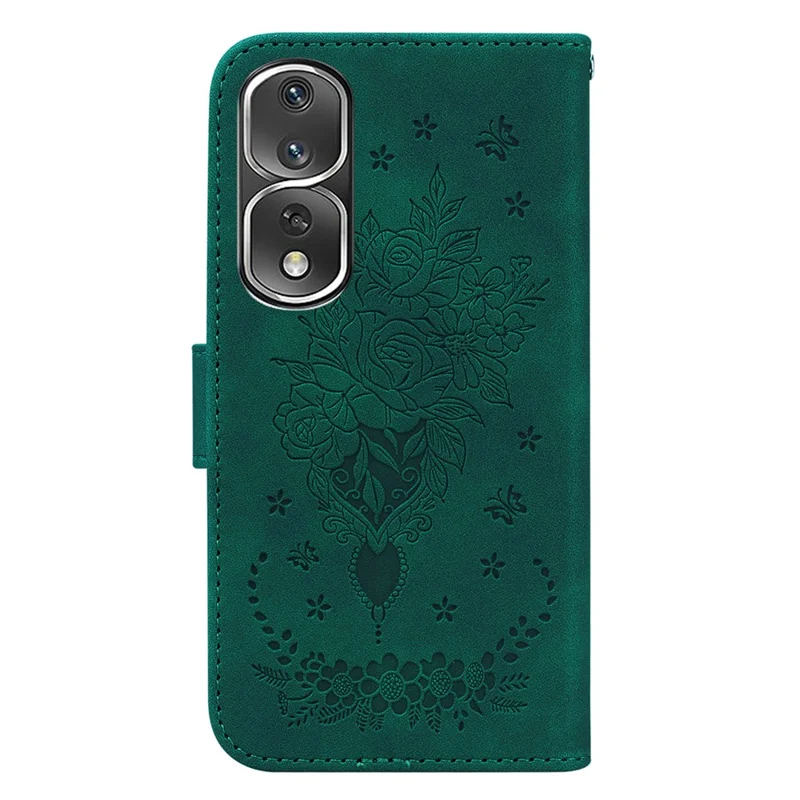 Protective Phone Case For Honor 80 Pro 5G , PU Leather Rose Butterfly Imprinted Stand Wallet Cover - Green