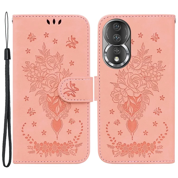 Phone Case For Honor 80 5G PU Leather Rose Butterfly Imprinted Stand Wallet Shockproof Phone Cover - Light Pink