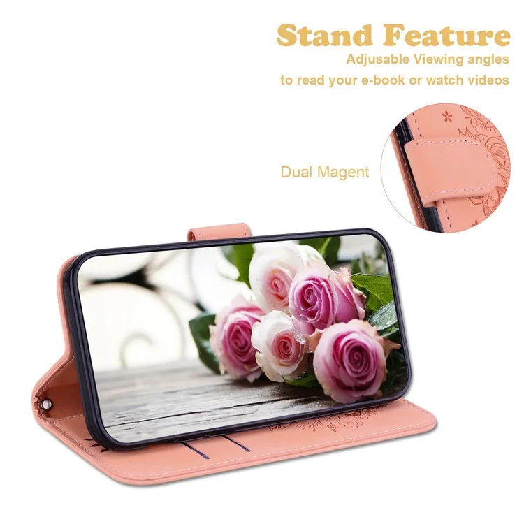Phone Case For Honor 80 5G PU Leather Rose Butterfly Imprinted Stand Wallet Shockproof Phone Cover - Light Pink