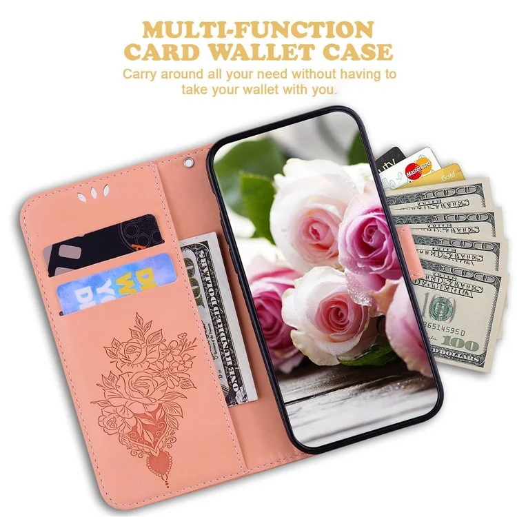 Phone Case For Honor 80 5G PU Leather Rose Butterfly Imprinted Stand Wallet Shockproof Phone Cover - Light Pink