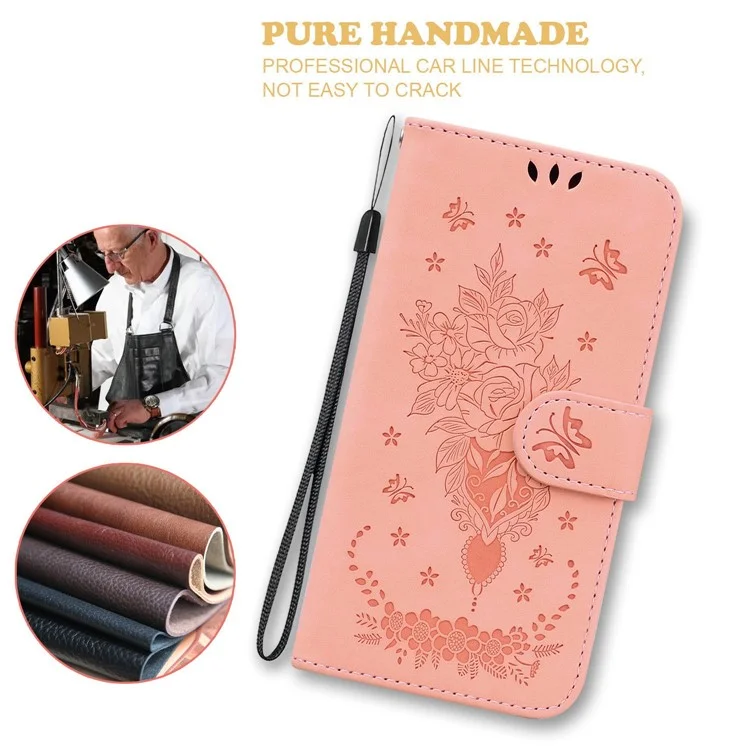 Phone Case For Honor 80 5G PU Leather Rose Butterfly Imprinted Stand Wallet Shockproof Phone Cover - Light Pink