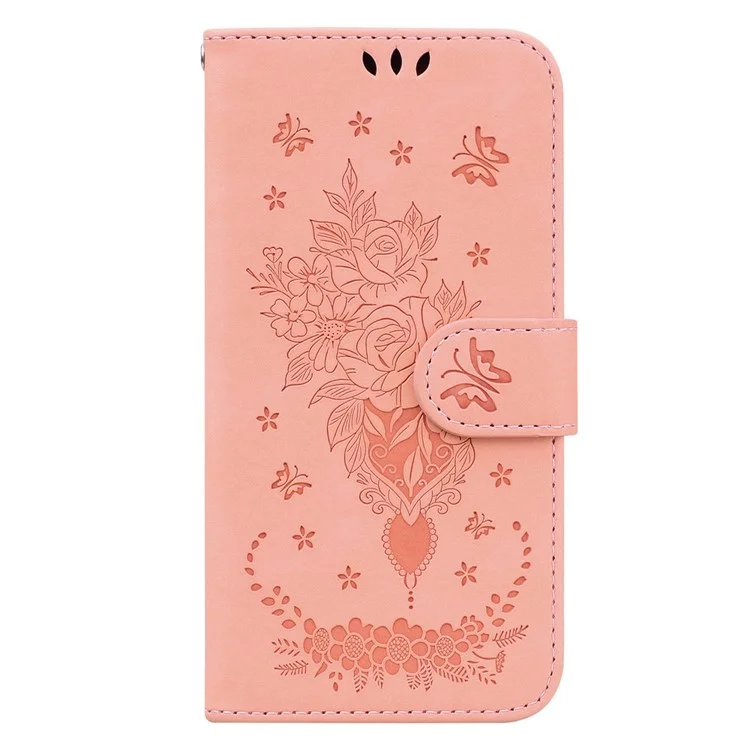 Phone Case For Honor 80 5G PU Leather Rose Butterfly Imprinted Stand Wallet Shockproof Phone Cover - Light Pink