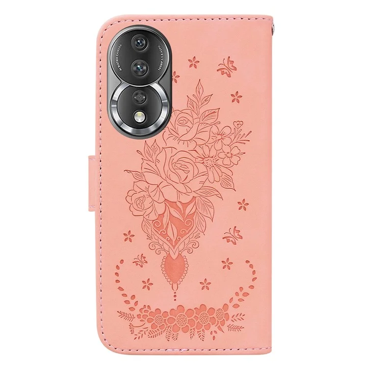 Phone Case For Honor 80 5G PU Leather Rose Butterfly Imprinted Stand Wallet Shockproof Phone Cover - Light Pink