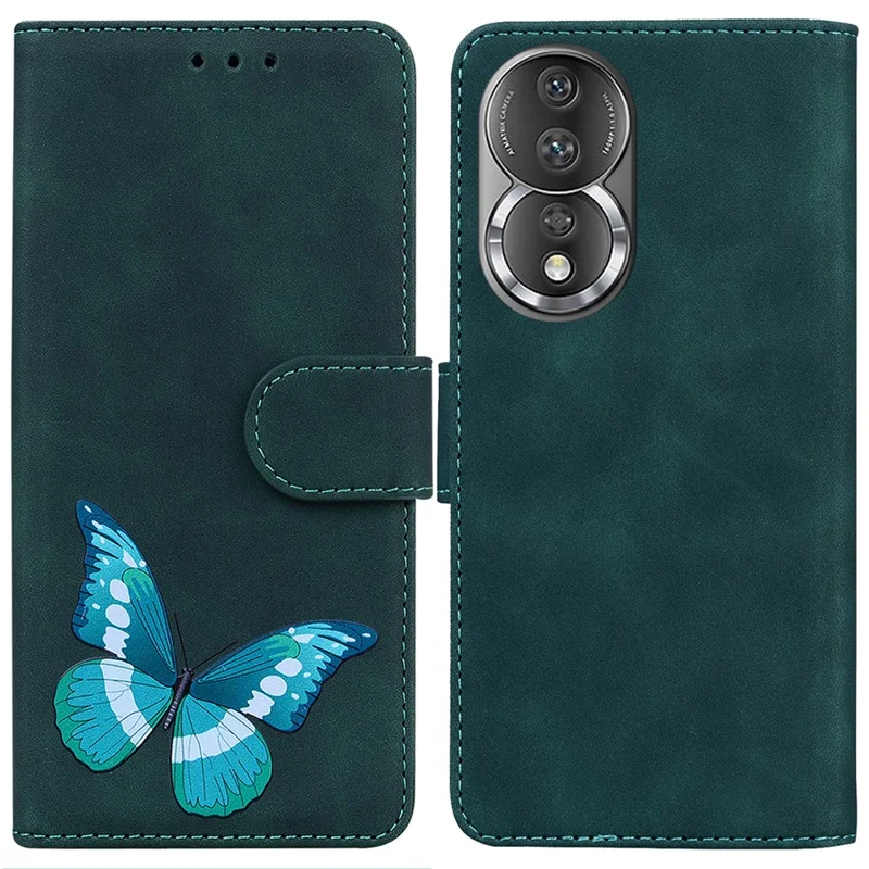For Honor 80 5G Butterfly Printing Full Protection Phone Cover Leather Wallet Stand Smartphone Case - Green