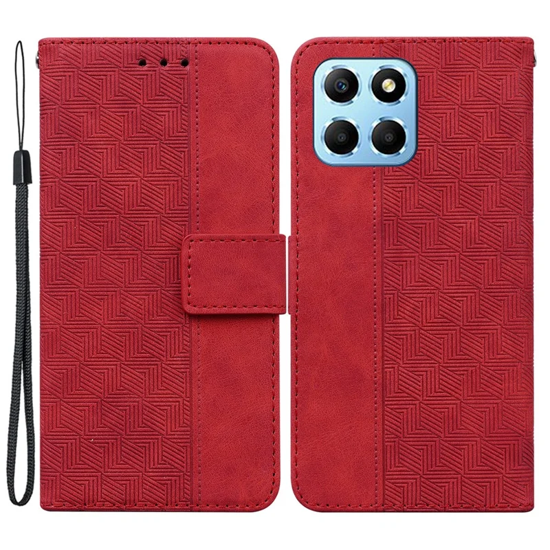 For Honor X8 5G Anti-Scratch Imprinted Leather Phone Case Phone Wallet Stand Cover - Red