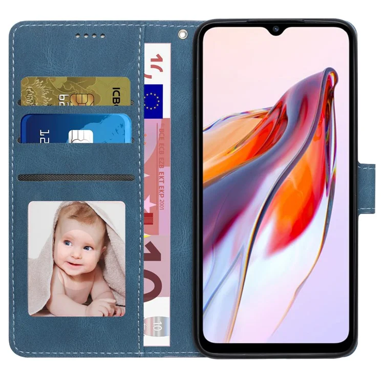 Étui portefeuille sur pied pour Xiaomi Redmi 12C 4G / Poco C55 4G, en cuir PU avec bandoulière - Bleu