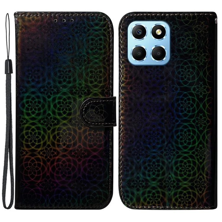 For Honor X8 5G Stand Magnetic Flip Phone Cover Leather Dazzling Flower Pattern Wallet Case with Strap - Black