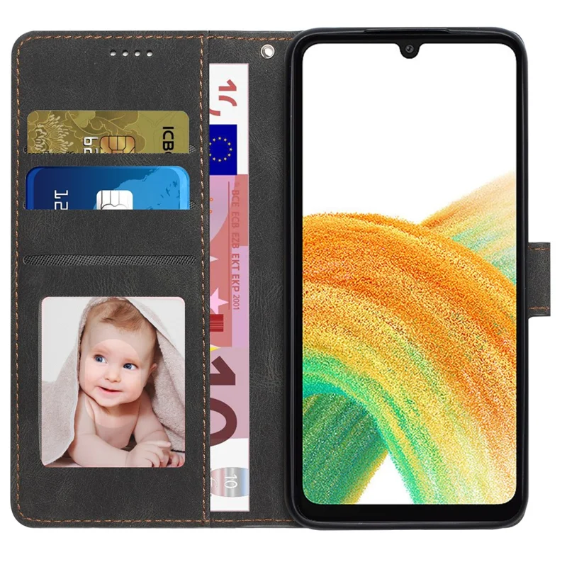 For Samsung Galaxy A24 4G (162.1 x 77.6 x 8.3mm) Drop-proof Leather Phone Case Stand Wallet Cover with Strap - Black