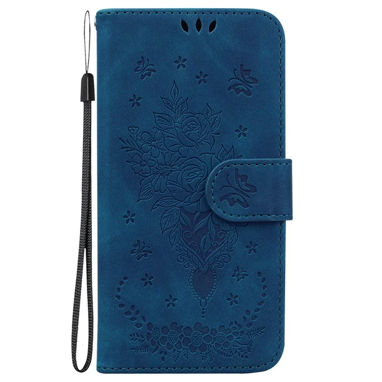 For Honor X8 5G PU Leder Geldbörse Fall Geprägt Rose Schmetterling Ständer Telefon Abdeckung - Blau