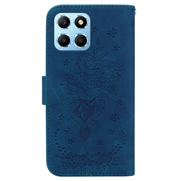 For Honor X8 5G PU Leder Geldbörse Fall Geprägt Rose Schmetterling Ständer Telefon Abdeckung - Blau