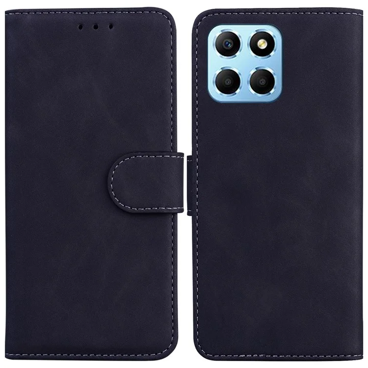 For Honor X8 5G Anti-Fingerprint Leather Phone Case Solid Color Stand Wallet Cover - Black