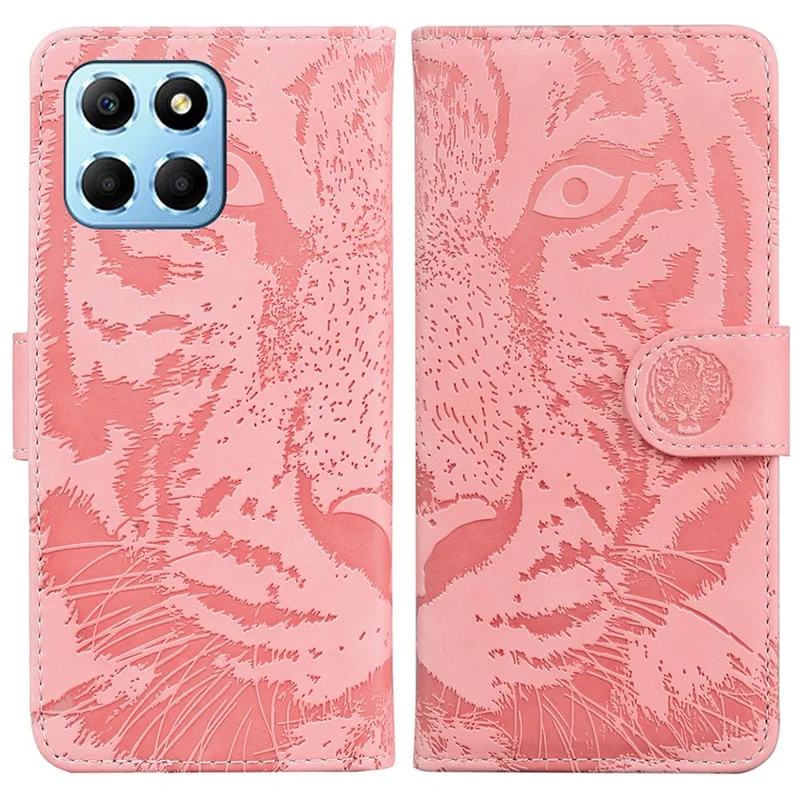 For Honor X8 5G Cell Phone Case Stand Wallet Tiger Pattern Imprinted PU Leather Flip Phone Cover - Pink