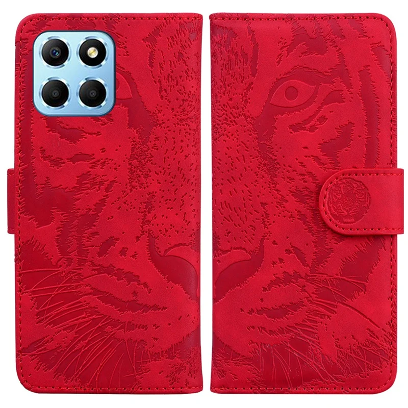 For Honor X8 5G Cell Phone Case Stand Wallet Tiger Pattern Imprinted PU Leather Flip Phone Cover - Red