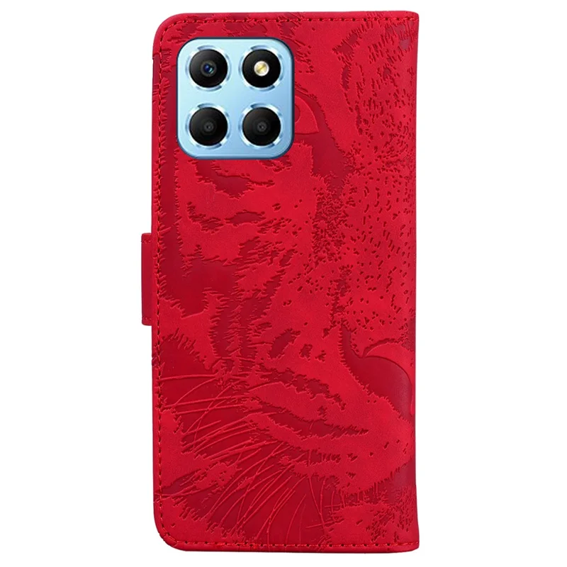 For Honor X8 5G Cell Phone Case Stand Wallet Tiger Pattern Imprinted PU Leather Flip Phone Cover - Red