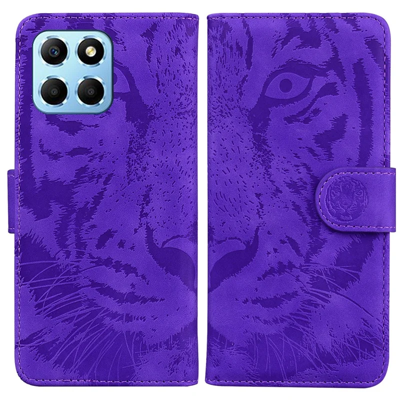 For Honor X8 5G Cell Phone Case Stand Wallet Tiger Pattern Imprinted PU Leather Flip Phone Cover - Purple