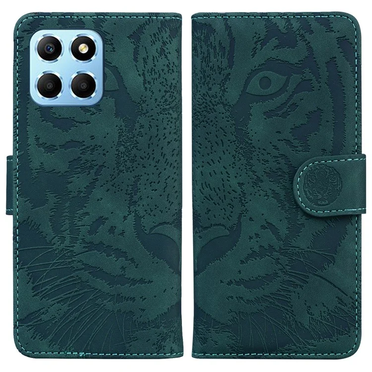 For Honor X8 5G Cell Phone Case Stand Wallet Tiger Pattern Imprinted PU Leather Flip Phone Cover - Green
