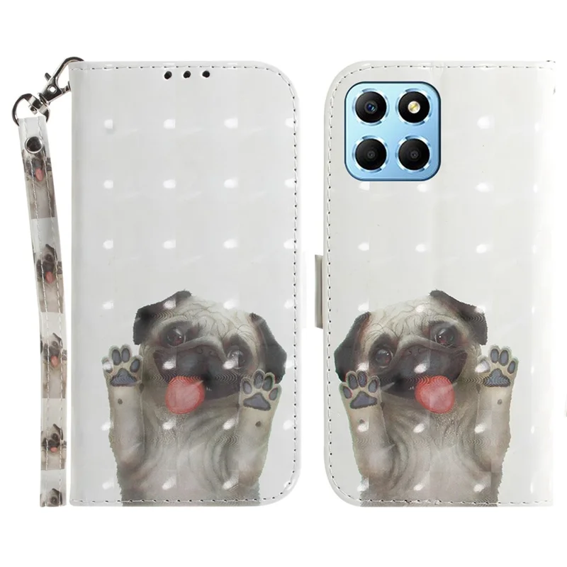 PU Leather Case for Honor X8 5G Protective Shell Wallet Phone Flip Cover with Strap - Pug