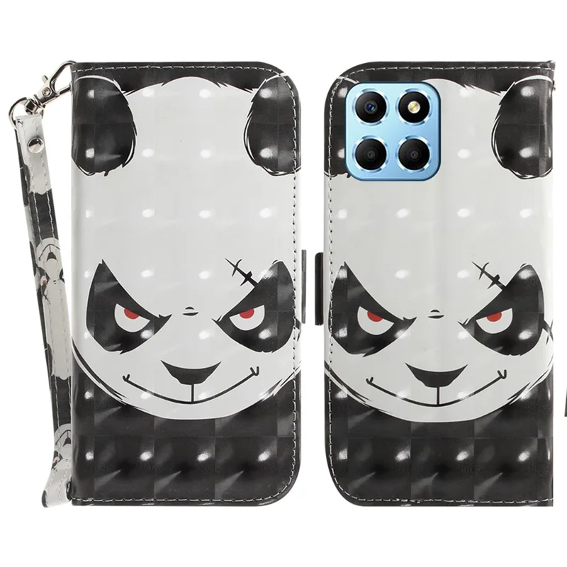 PU Leather Case for Honor X8 5G Protective Shell Wallet Phone Flip Cover with Strap - Angry Panda
