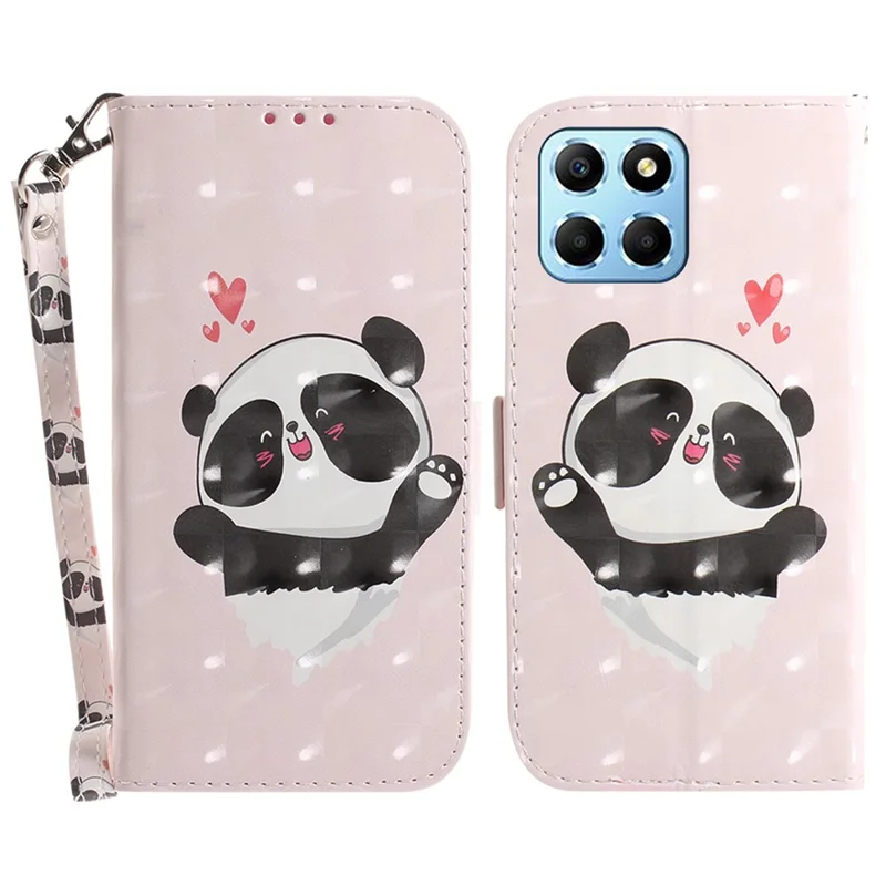 PU Leather Case for Honor X8 5G Protective Shell Wallet Phone Flip Cover with Strap - Love Heart Panda