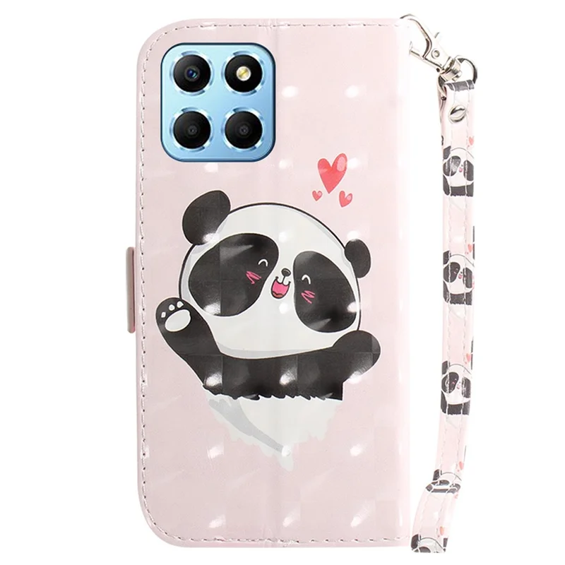 PU Leather Case for Honor X8 5G Protective Shell Wallet Phone Flip Cover with Strap - Love Heart Panda