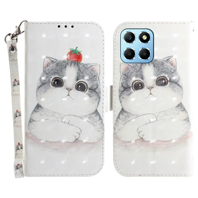 PU Leather Case for Honor X8 5G Protective Shell Wallet Phone Flip Cover with Strap - Cute Cat