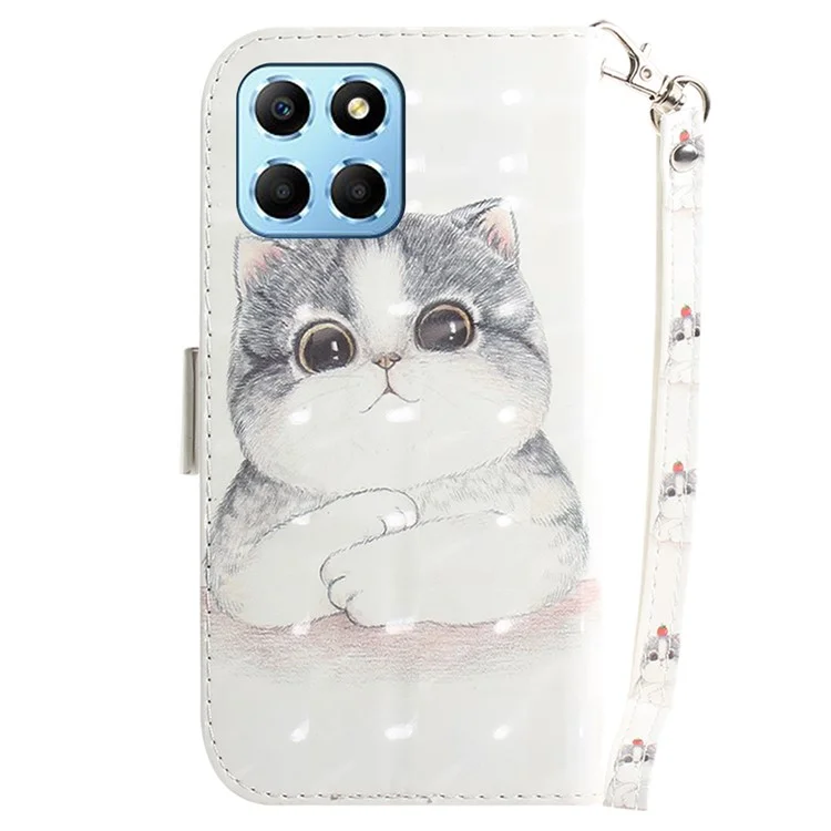 PU Leather Case for Honor X8 5G Protective Shell Wallet Phone Flip Cover with Strap - Cute Cat