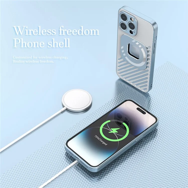 R-JUST SJ55 For iPhone 14 Pro Max Hollow Magnetic Phone Case TPU+PC+Metal Drop-proof Back Cover Compatible with MagSafe - Blue