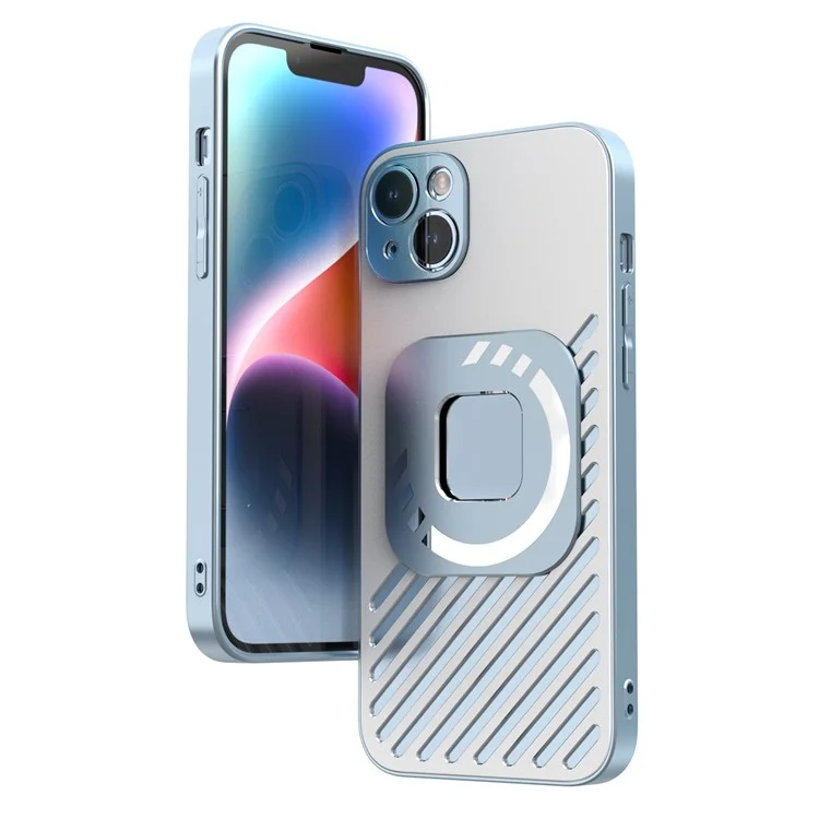 R-JUST SJ55 Para iPhone 14 Plus TPU+PC+Metal Hollow Drop-proof Cover Magnetic Phone Case Compatível com MagSafe - Azul