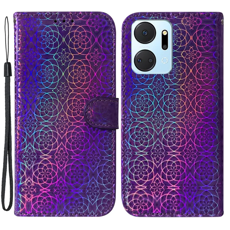 For Honor X7a 5G Leather Dazzling Flower Pattern Wallet Case Stand Magnetic Closure Flip Phone Cover with Strap - Purple