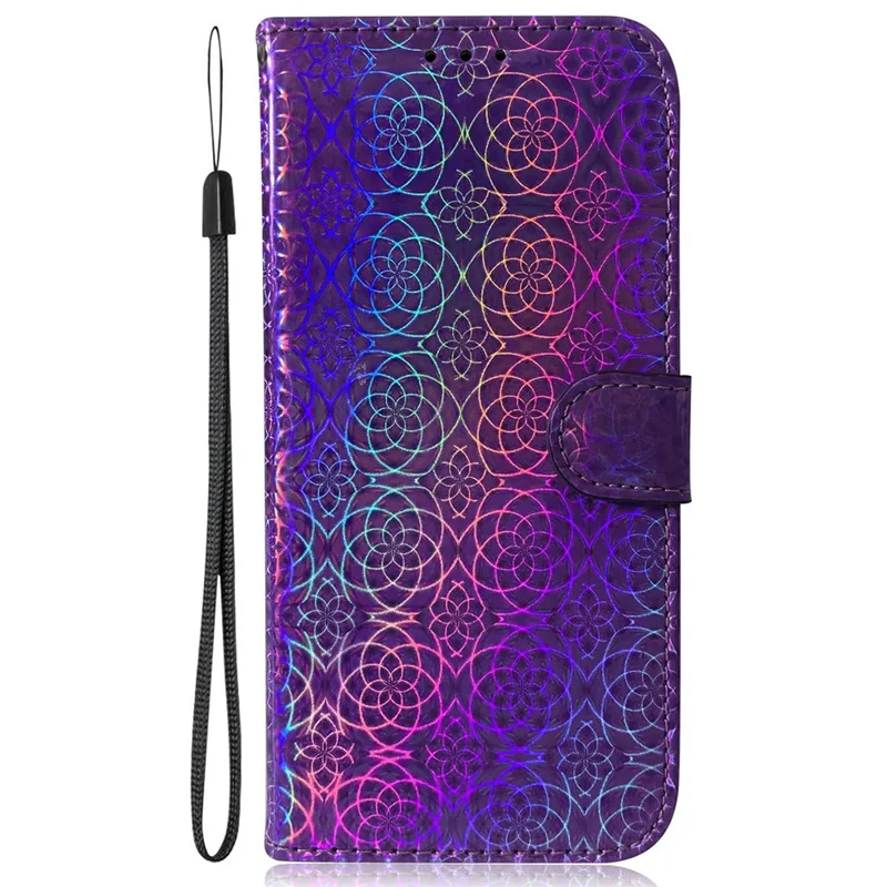 For Honor X7a 5G Leather Dazzling Flower Pattern Wallet Case Stand Magnetic Closure Flip Phone Cover with Strap - Purple