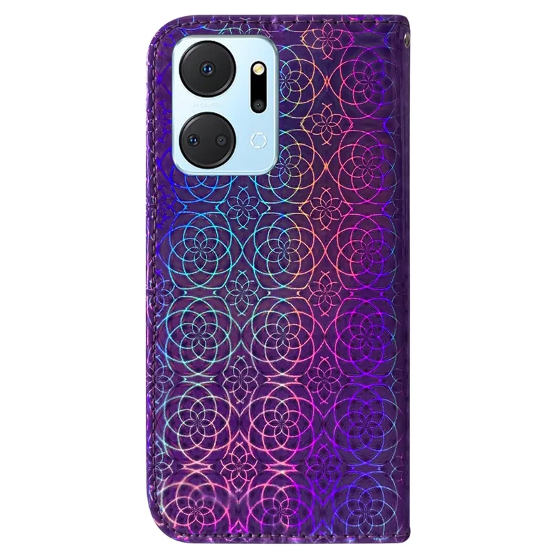 For Honor X7a 5G Leather Dazzling Flower Pattern Wallet Case Stand Magnetic Closure Flip Phone Cover with Strap - Purple