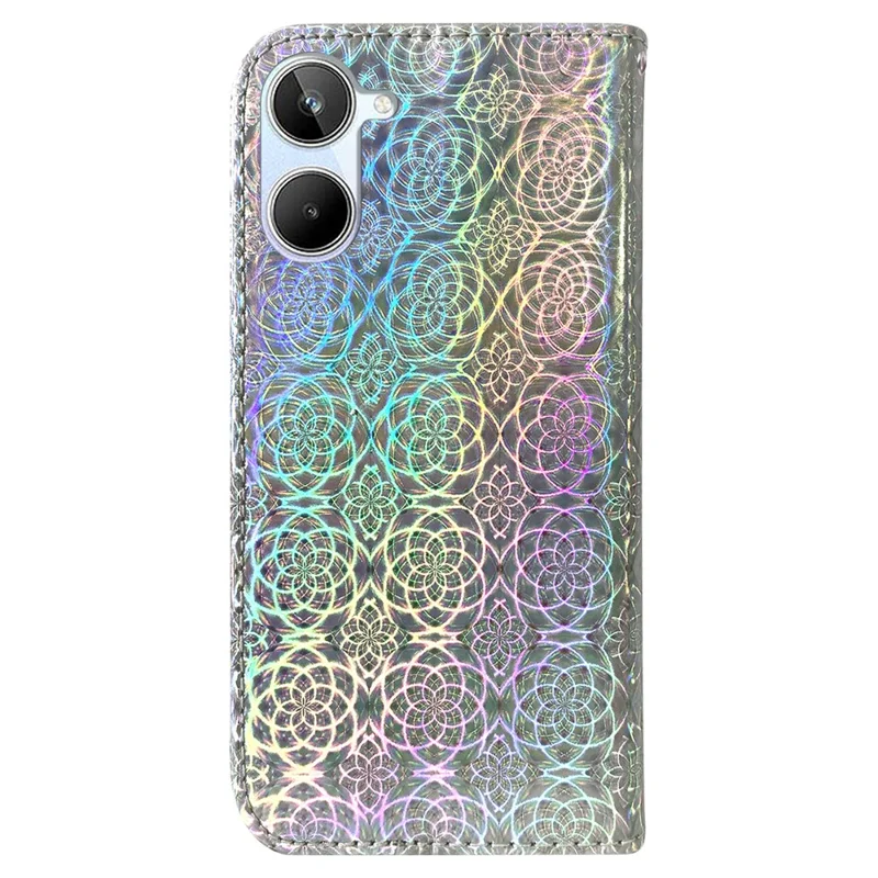 For Realme 10 4G Leather Phone Case Wallet Stand Dazzling Flower Pattern Phone Cover with Strap - Grey