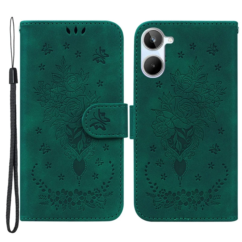 For Realme 10 4G PU Leather Phone Wallet Cover Imprinted Rose Butterfly Stand Phone Case with Strap - Green