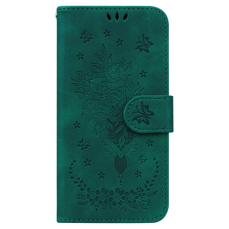 For Realme 10 4G PU Leather Phone Wallet Cover Imprinted Rose Butterfly Stand Phone Case with Strap - Green