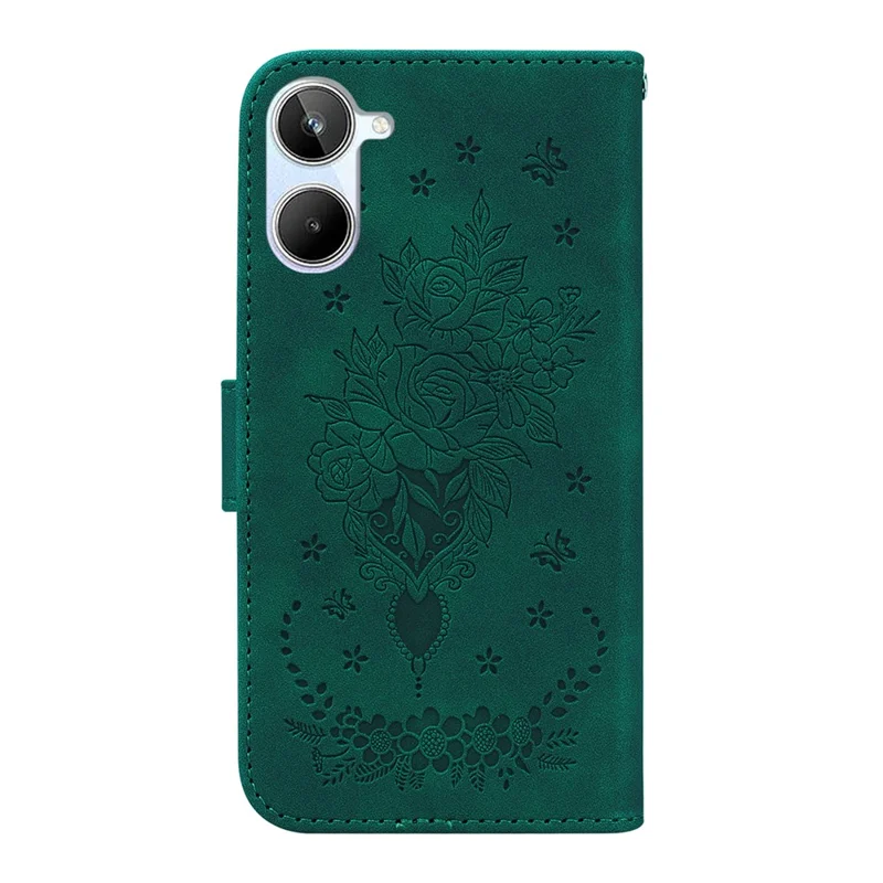 For Realme 10 4G PU Leather Phone Wallet Cover Imprinted Rose Butterfly Stand Phone Case with Strap - Green
