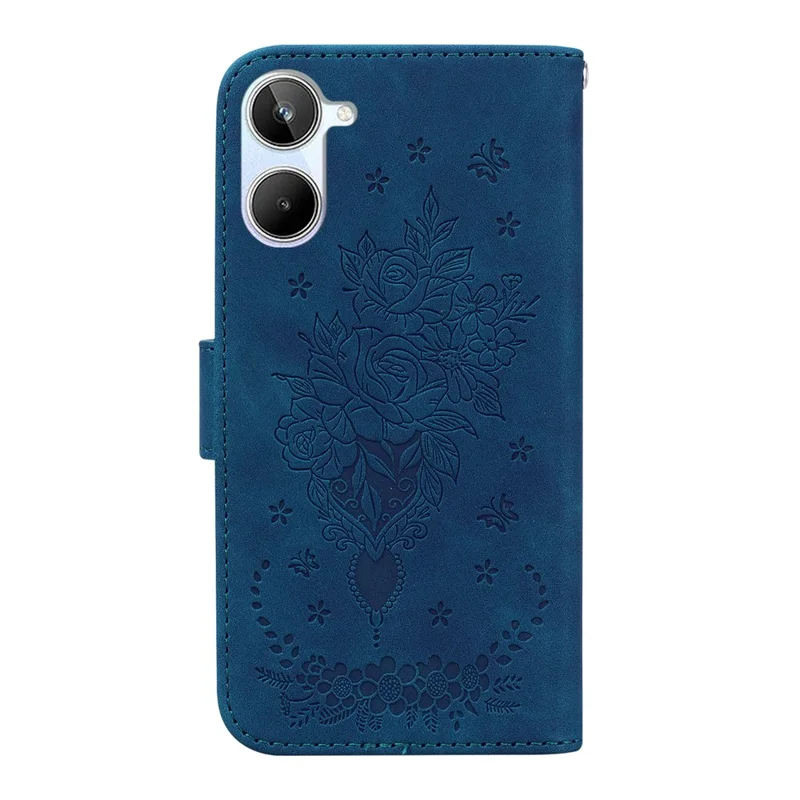 For Realme 10 4G PU Leather Phone Wallet Cover Imprinted Rose Butterfly Stand Phone Case with Strap - Blue